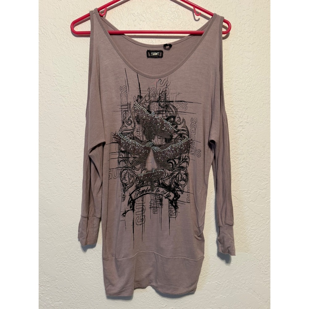 Guess Cold Shoulder Graphic Top Rhinestone Freedom to Fly Mauve Purple L/S